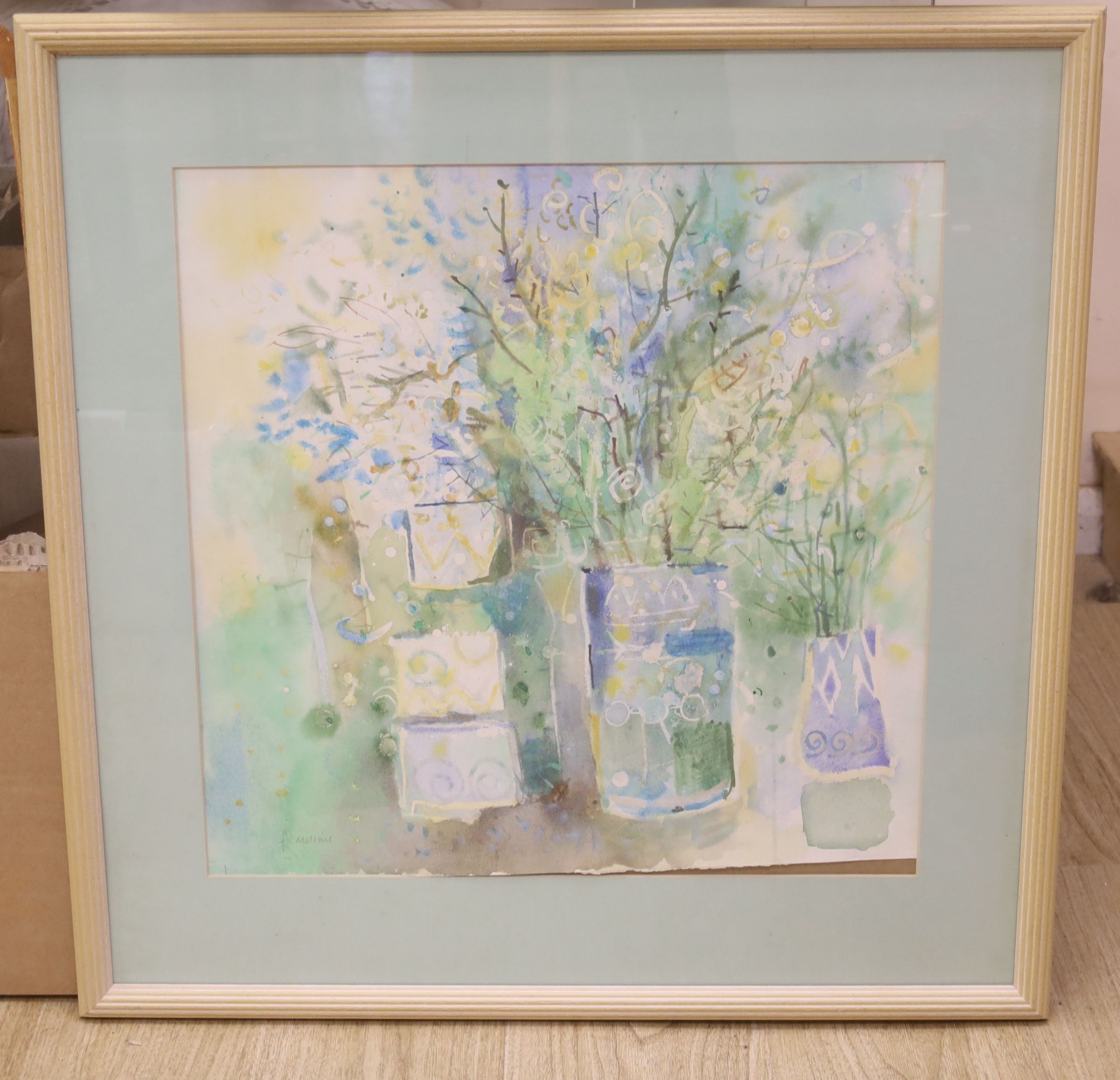F. Millais, watercolour, Still life of flowers in vases, signed, 48 x 48cm